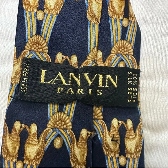 100% Silk Lanvin Paris Designer Blue and Gold Patterned Silk Tie - Picture 7 of 8
